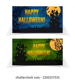 Halloween party festive horizontal banners with haunted castle graveyard tree and bats on moon background vector illustration