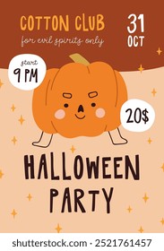 Halloween party, festive night, inviting card, promotion flyer design. Trick or Treat, promo placard, invitation template for October holiday with cute funny pumpkin. Flat vector illustration