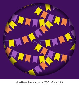 Halloween Party Festive Pennant garland on rope in trendy Holiday shades. Greeting Design Paper Cut