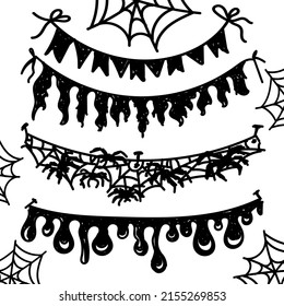 Halloween party flag streamer set. Hand drawn doodle style flags in black. Torn pieces of fabric, spider webs and stippling blobs. Elements for graphic design and Halloween decor.