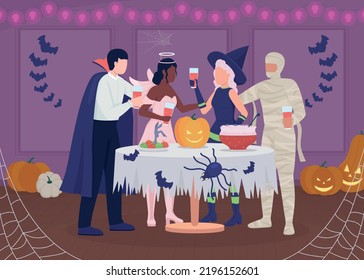 Halloween party flat color vector illustration. Seasonal holiday. Festive meal. People in costumes having fun. Fully editable 2D simple cartoon characters with decorated room on background