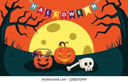 Diseño plano de fiesta de Halloween. con calabaza, caña de caramelo y cráneo. Vector nocturno de Halloween Ilustración. 