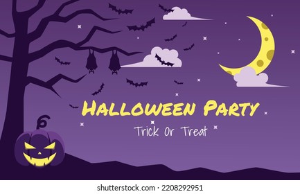 Halloween Party Flat Design. Silhouette of twig with pumpkin. Halloween night vector Illustration. 