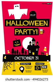 Halloween Party! (Flat Style Vector Illustration Quote Poster Design) Event Invitation with Venue and Time Details