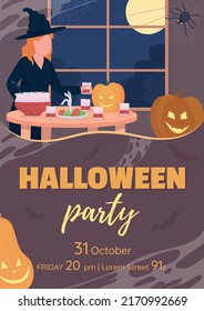 Halloween party flat vector banner template. Festive event poster, leaflet printable color designs. Editable flyer page with text space. Passion One, Playlist Script, Quicksand fonts used
