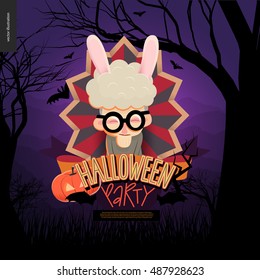 Halloween Party. Flat vectror cartoon illustrated design of an old lady wearing bunny ears in center of striped shield, bats, pumpkin jack-o-lantern, ribbon, lettering, forest landscale, trees, hills