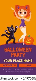 HALLOWEEN PARTY FLAYER DESIGN WITH DEVILGIRL AND CAT CHARACTERS