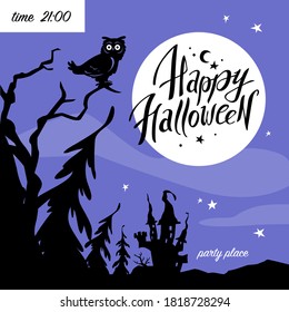 Halloween party flayer, poster ,card, design template. Vector flat cartoon style illustration. Black castle, forest, owl character silhouette on blue background.