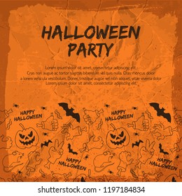 Halloween party flyer with animals lanterns from pumpkin hands and gestures on textured orange background vector illustration