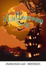 Halloween party flyer. background with pumpkin and castle on the moon with a terrifying atmosphere and fun at the same time. Vector illustration.