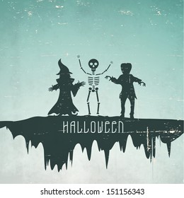 Halloween party flyer, banner, poster with witch and ghost silhouettes in night background.