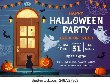 Halloween party flyer with black cat sitting on porch front of door, decorated with holiday garlands and pumpkins, spooky ghost and bats. Vector invitation poster for celebration trick or treat night