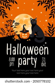 Halloween party flyer. Bright vector illustration. Pumpkin jack-o-lantern, black cat, witch hat, lollipop, moon. For advertising banner, poster, flyer.