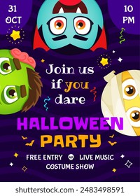 Halloween Party Flyer mit Cartoon Emoji Gesichter. Vektorgrafik-Poster mit Dracula, Zombie und Mumie-Figuren setzen die Stimmung für eine Nacht voller hässlich guter Zeiten. Begleiten Sie uns, wenn Sie einen spektakulären Bash wagen