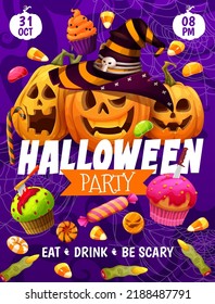 Halloween party flyer, cartoon holiday pumpkins, sweets and candies. Vector horror night orange pumpkin lanterns in witch hat with trick or treat cakes, candy corn, witch finger cookies, jelly beans