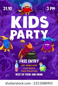 Halloween party flyer. Cartoon vitamin and micronutrient wizards and mage characters in night forest. Vector invitation poster template with funny nutrient capsules wear magician costumes and wands