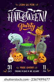 Halloween-Partyflyer mit Karikaturenkessel, Kürbis, Kürbis, Grabstein, Schädel mit Kerze, Geist und Feiertagssüßen. Vektor-Einladung mit spitzigen Buchsbrücken und erschreckenden Persönlichkeiten