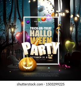 Halloween party flyer with cemetery in haunted forest. Party balloons and pumpkins.