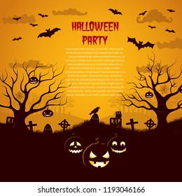 Halloween party flyer with cemetery lanterns of jack silhouettes of trees and animals at sunset vector illustration