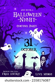 Halloween party flyer with cemetery silhouette, ghosts, zombie hands, reaper and flying bats. Vector invitation poster for horror night or costume party entertainment with free entry and live music