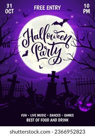 Halloween party flyer with cemetery silhouette and zombie hands, horror night event vector poster. Trick or treat party and Halloween holiday flyer with scary pumpkins and grave tombstones on cemetery