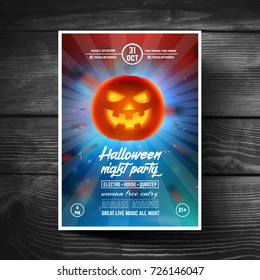 Halloween party flyer, covers, banners, brochure, posters, presentations, roll up. Realistic glowing pumpkin with smiling face on modern background.