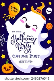 Volante de fiesta de Halloween con lindo fantasma kawaii sosteniendo piruleta y globo. Póster de invitación de Vector, promoción de noche de terror, fiesta de disfraces o truco o diversión de trato para los niños con entrada gratuita