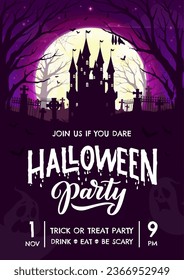 Halloween party flyer with dark castle, cemetery and forest silhouette landscape, vector poster. Trick or treat party and Halloween holiday flyer with haunted castle and tombstones on cemetery