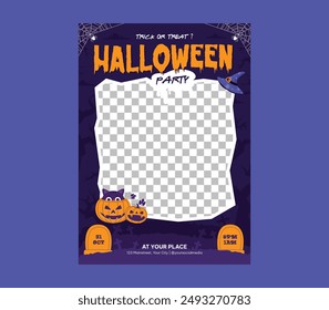 Halloween Party Flyer. Halloween decor. Ghosts and bats.Set of colorful templates for banners, posters, flyers, cards, invitations. Monsters, Pumpkin, Cauldron. Spooky Cartoon Vector Illustrations. Ho