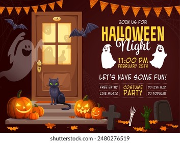 Halloween party flyer with decorated door porch and scary characters. Vector invitation poster with black cat sitting front of cottage doorway with ghosts, bats, holiday garlands and spooky pumpkins