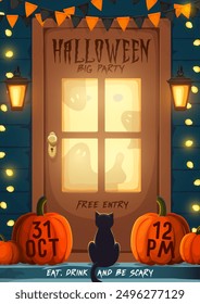 Halloween party flyer with decorated holiday door porch and black cat sitting between pumpkins with garlands and light decor above. Vector invitation poster for celebration trick or treat horror night