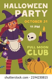 Halloween party flyer design. October holiday, promo card template with girl kid disguised in witch hat and costume for Helloween night. Ad vertical poster background. Flat graphic vector