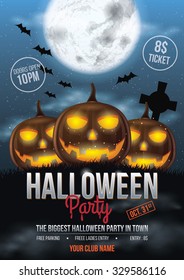 Halloween Party Flyer Design with Pumpkins and Full Moon Illustration