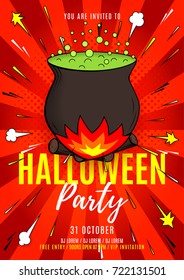 Halloween Party Flyer Design. Vector Illustration in Pop Art Style. Festive Card with Witch Cauldron. Invitation to Nightclub.