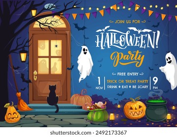 Volante de fiesta de Halloween con porche de la puerta, calabazas, fantasmas de miedo y dulces cubo con gato negro se sienta en las escaleras. Póster de invitación de Vector para truco de celebración o noche de bodas con casa de vacaciones decorada