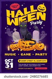 Halloween party flyer, featuring eerie pumpkins, haunting tombs, spectral ghosts and mysterious black cat. Join us for a night of frightful fun. Vector invitation poster with spooky festive characters