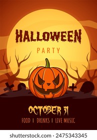 halloween party flyer with full moon, scary pumpkin, graveyard, invitation, poster, orange background, design template, october 31 holiday, greeting card, vector illustration