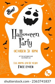 Halloween party flyer with funny ghost, flying bats and spider on cobweb for holiday vector poster. Kids Halloween trick or treat party flyer with cute boo ghost, skeleton skull in spooky spiderweb