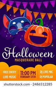 Halloween party flyer with funny kid masks of black cat and pumpkin face. Vector invitation, join the masquerade ball, dont miss out on the frightful delight, spooktacular fun with games and treats