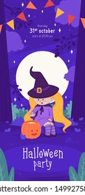 Halloween  party flyer funny witch scary  night. Trick or treat kids flyer vector template.