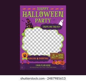 Halloween Party Flyer. Ghost, spider and spider net in a mystical forest before a black background for square banners, invitation, party flyers.