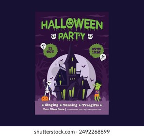 Halloween Party Flyer.  Ghost, spider and spider net in a mystical forest before a black background for square banners, invitation, party flyers.