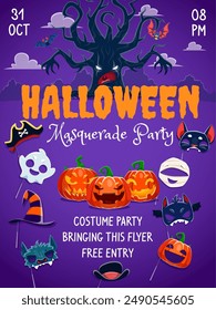 Halloween-Party-Flyer mit Karnevalsmasken. Vektorgrafik-Poster mit Cartoon Gruselbaum, Mumie, Fledermaus, Katze, Hexe oder Zylinder, Geist mit Kürbis, setzen die Stimmung für eine Nacht von gespenstischen Ghoulish Bash