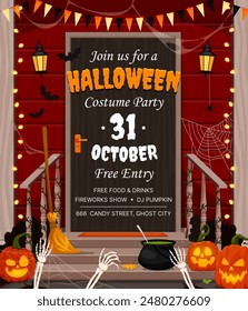 Halloween party flyer with holiday decorated door porch. Vector Halloween horror night trick or treat scary pumpkins, spooky skeleton hands and bats, spider, cobweb, witch broom and potion cauldron