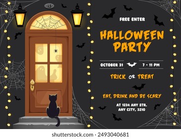 Volante de fiesta de Halloween con puerta de vacaciones y porche y gato negro frente a la puerta con siluetas fantasmas, guirnaldas y murciélagos fantasmales. Cartel de invitación de Vector para truco de celebración o noche de dulces