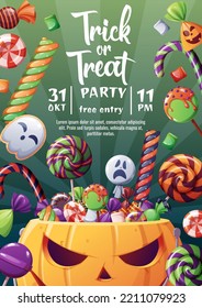 Halloween party flyer. Holiday invitation Trick or Treat. Poster, banner with spooky candies, sweets, cookies, lollipops