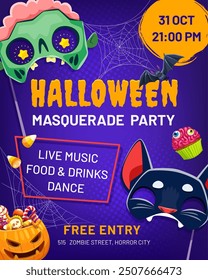 Halloween party flyer with holiday masks and candies bucket. October festive poster or banner, autumn horror party or fall season event vector flyer with Halloween zombie, bat and pumpkin monsters