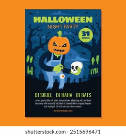 Halloween Party Flyer with jack o lantern character holding a skull