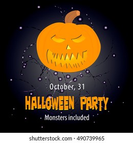 Halloween party flyer. Jack o lanterns scary carved orange pumpkin face isolated on black. Vector illustration for card, party invitation, banner, web