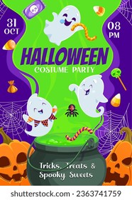 Volante de la fiesta de Halloween con fantasmas kawaii y caldero de brujas con monstruos y calabazas de vacaciones, afiche vectorial. Fiesta de disfraces de Halloween para la celebración de los niños con dulces y dulces espeluznantes dulces y cráneo lollipop